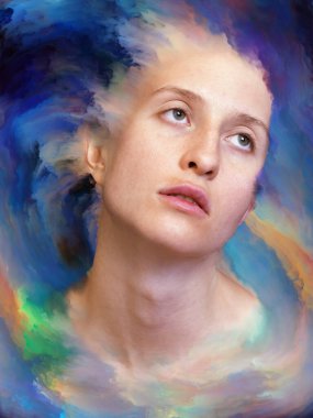Dünya serisi. Kadın portresinin arka planı duygular, duygular, iç dünya, yaratıcılık ve hayal gücü üzerine canlı boyalar ile kaynaştırılmış.