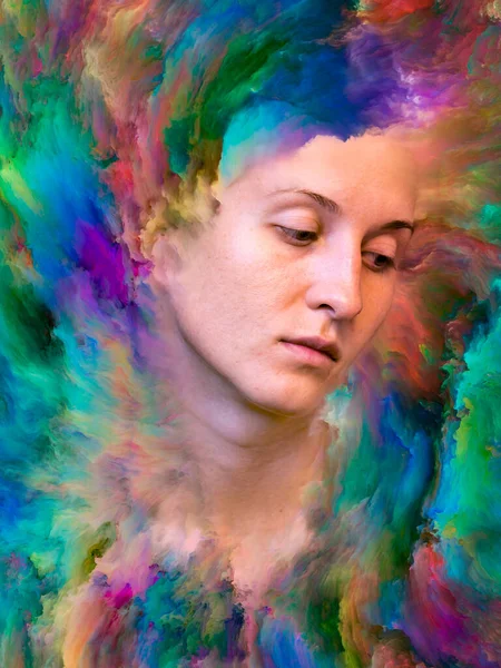 Inside Outside series. Graphic composition of female portrait fused with vibrant paint  for subject of feelings, emotions, inner world, creativity and imagination