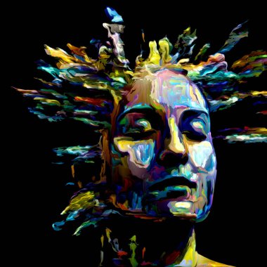 Etkileyici bir kadın portresi. Hayattaki ve sanattaki yaratıcı enerji konulu dijital boya darbelerinin arkaplan tasarımı