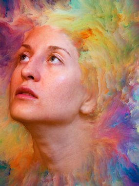 Onun Dünya serisi. Kadın portre canlı boya ile erimiş ve duygular, duygular, iç dünya, yaratıcılık ve hayal gücü projelerde kullanım için uygun zemin oluşur