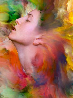 Dünya serisi. Duygular, duygular, iç dünya, yaratıcılık ve hayal gücü üzerine projeler için uygun bir zemin olarak canlı boyayla kaynaştırılmış kadın portresinin bileşimi