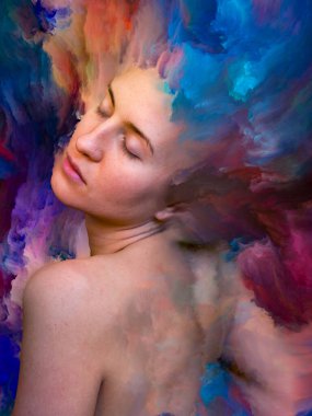 Onun Dünya serisi. Kadın portre tasarlamak zemin inşaat üstünde duygular, duygular, iç dünya, yaratıcılık ve hayal gücü için canlı boya ile erimiş