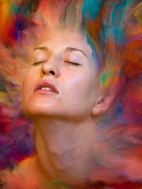 Onun Dünya serisi. Kadın portre konusu duygular, duygular, iç dünya, yaratıcılık ve hayal gücü için canlı boya ile erimiş grafik bileşimi