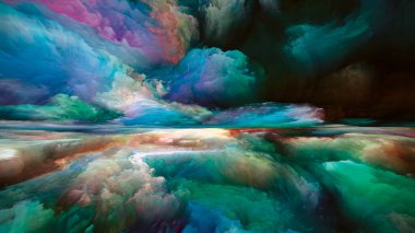 Renkli Rüyalar. Zihin serisinin peyzajları. Parlak boyanın etkileşimi, hareket eğimleri ve gerçeküstü dağlar ve yaşam, sanat, şiir, yaratıcılık ve hayal gücüyle ilgili bulutlar.