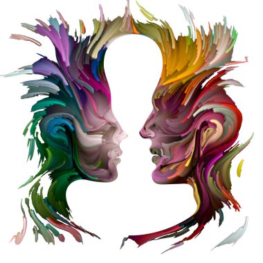 Duygusal Palet serisi. Aramızda mesafe var. Hayal gücü, yaratıcılık ve iç dünya konularında kadın ve erkek siluetlerinin canlı renklerinin soyut tablosu.