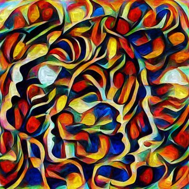 Sanat serisi deseni. Yaratıcılık ve sanat konusunda dijital tuvalde oluşturulan soyut yüz, şekiller ve renk elementleri.