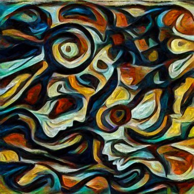 Hepimiz bu işin içindeyiz. İnsan siluetleri, insan durumunun şiirselliği üzerine soyut resim tarzıyla çizilmiştir..