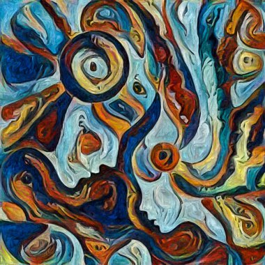 Hepimiz bu işin içindeyiz. İnsan siluetleri, insan durumunun şiirselliği üzerine soyut resim tarzıyla çizilmiştir..