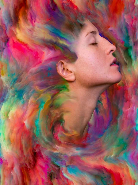 Series Creative Arrangement Female Portrait Fused Vibrant Paint Concept Metaphor — Stock Photo, Image