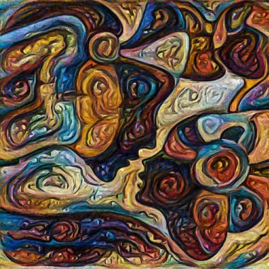 Hepimiz bu işin içindeyiz. İnsan siluetleri, insan durumunun şiirselliği üzerine soyut resim tarzıyla çizilmiştir..