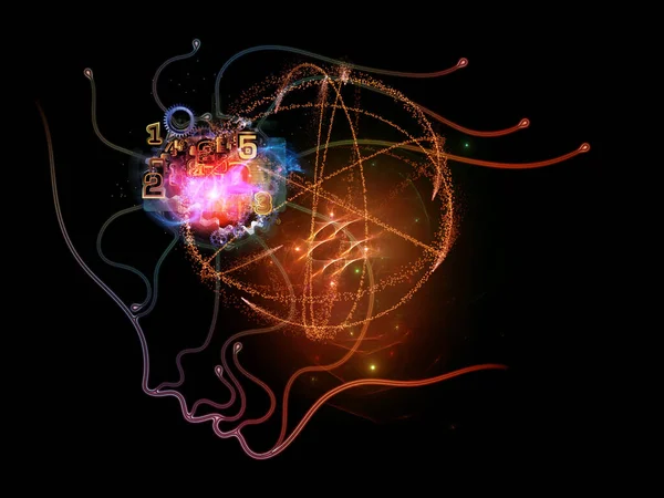 人类技术 关于现代科学 技术和教育的3D渲染中的人脸轮廓 灯光和数字元素 — 图库照片