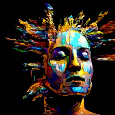 Etkileyici bir kadın portresi. Hayattaki ve sanattaki yaratıcı enerji için dijital boya darbelerinden oluşan soyut tasarım