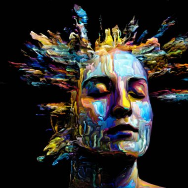 Etkileyici bir kadın portresi. Hayattaki ve sanattaki yaratıcı enerji konulu dijital boya darbelerinin arkaplan tasarımı