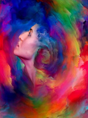 Kadının dünya serisi. Duygular, duygular, iç dünya, yaratıcılık ve hayal gücü konusunda canlı boya ile soyut tasarım kadın portresi yapılan erimiş