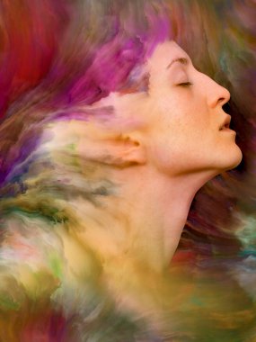 Onun Dünya serisi. Mecazi ilişki duygular, duygular, iç dünya, yaratıcılık ve hayal gücü ile canlı boya ile kadın portre bileşimi erimiş