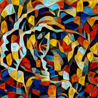 Sanat serisi deseni. Yaratıcılık ve sanat konusunda dijital tuvalde oluşturulan soyut yüz, şekiller ve renk elementleri.