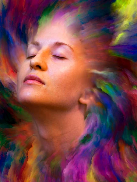 Dış serinin içinde. Kadın portresinin soyut bileşimi duygular, duygular, iç dünya, yaratıcılık ve hayal gücüyle ilgili projelere uygun canlı boyayla kaynaştırılmış.