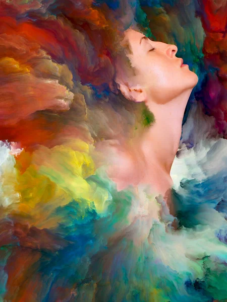 Junge Frauen Fliegender Pose Umgeben Von Farbenfrohen Texturen Colors Her — Stockfoto