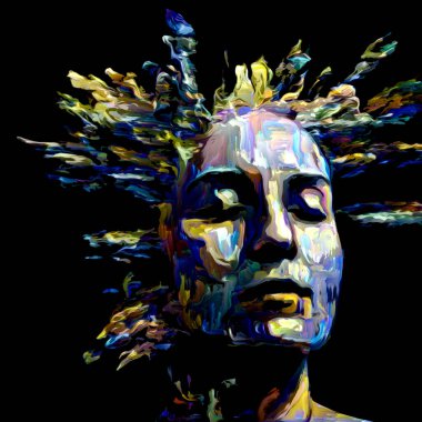 Etkileyici bir kadın portresi. Hayattaki ve sanattaki yaratıcı enerji projelerinde kullanılmak üzere dijital boya darbelerinin arkaplanı