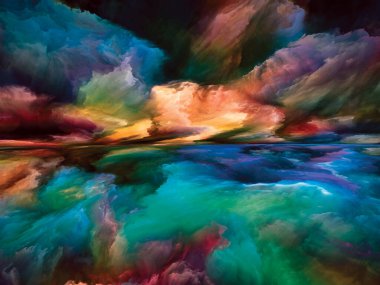 Soul, çok renkli. Zihin serisinin peyzajları. Parlak boya, hareket eğimleri ve gerçeküstü dağlar ve yaşam, sanat, şiir, yaratıcılık ve hayal gücüyle ilgili bulutların düzenlenmesi