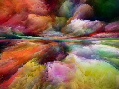 Soul, çok renkli. Zihin serisinin peyzajları. Parlak boya, hareket eğimleri ve gerçeküstü dağlar ve yaşam, sanat, şiir, yaratıcılık ve hayal gücüyle ilgili bulutların düzenlenmesi