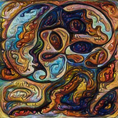 Hepimiz bu işin içindeyiz. İnsan siluetleri, insan durumunun şiirselliği üzerine soyut resim tarzıyla çizilmiştir..