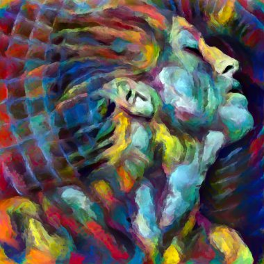 Grid serisinden. Özgürlük, özgürlük, ayrılma, insan zihni, psikoloji, iç dünya, yaratıcılık, kendini ifade ve sanat konularında dışa dönük kadın yüzü kompozisyonu.