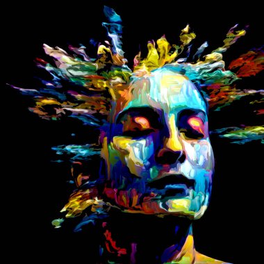 Etkileyici bir kadın portresi. Hayattaki ve sanattaki yaratıcı enerji için dijital boya darbelerinden oluşan soyut tasarım