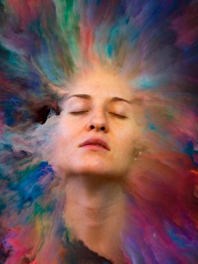 Onun Dünya serisi. Tasarım projeleri için fon olarak hizmet verecek kadın portre ile canlı boya erimiş yapılmış duygular, duygular, iç dünya, yaratıcılık ve hayal gücü ile ilgili