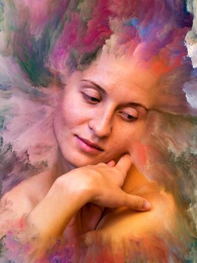 Onun Dünya serisi. Canlı boya uygun projeler üzerinde duygular, duygular, iç dünya, yaratıcılık ve hayal gücü ile erimiş kadın portresi aranjman