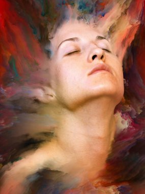 Dünya serisi. Kadın portresinin arka plan tasarımı duygular, duygular, iç dünya, yaratıcılık ve hayal gücü üzerine canlı boyalar ile kaynaştırılmış.