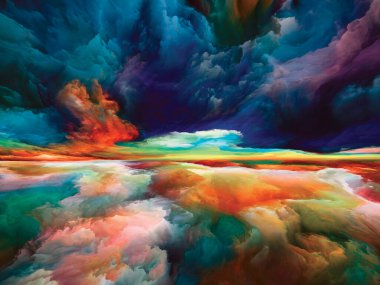 Hayalet Dağları. Gerçekliğe Kaçış dizisi. Manzara, hayal gücü, yaratıcılık ve sanat konuları için gerçeküstü gün batımı renkleri ve dokularının kompozisyonu