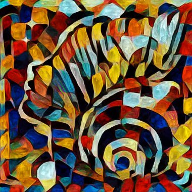 Sanat serisi deseni. Yaratıcılık ve sanat konusunda dijital tuvalde oluşturulan soyut yüz, şekiller ve renk elementleri.