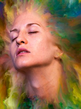 Dünya serisi. Duygular, duygular, iç dünya, yaratıcılık ve hayal gücü konularında kadın portresiyle birleştirilmiş sanatsal soyutlama.