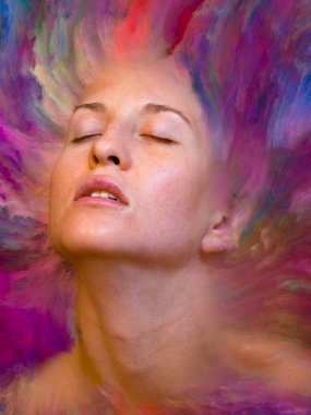 Dünya serisi. Duygular, duygular, iç dünya, yaratıcılık ve hayal gücü üzerine çalışmalar için kadın portresinin canlı boya ile kaynaşmış görsel olarak memnun edici bileşimi