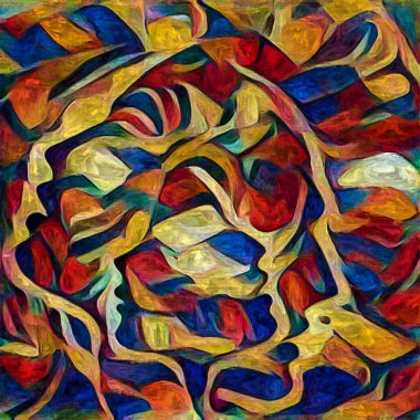 Hepimiz bu işin içindeyiz. İnsan siluetleri, insan durumunun şiirselliği üzerine soyut resim tarzıyla çizilmiştir..