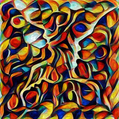 Sanat serisi deseni. Yaratıcılık ve sanat konusunda dijital tuvalde oluşturulan soyut yüz, şekiller ve renk elementleri.