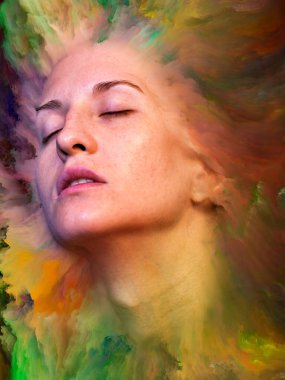 Dünya serisi. Duygular, duygular, iç dünya, yaratıcılık ve hayal gücü konularında kadın portresiyle birleştirilmiş sanatsal soyutlama.