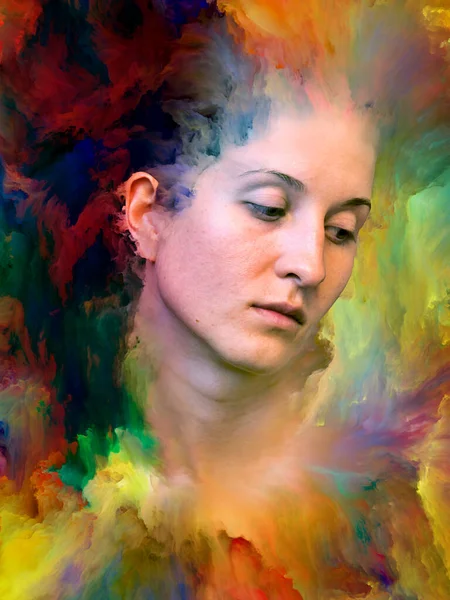 在外面系列 背景由女性肖像与充满活力的颜料融合在一起 适合在情感 内心世界 创造力和想象力等项目中使用 — 图库照片