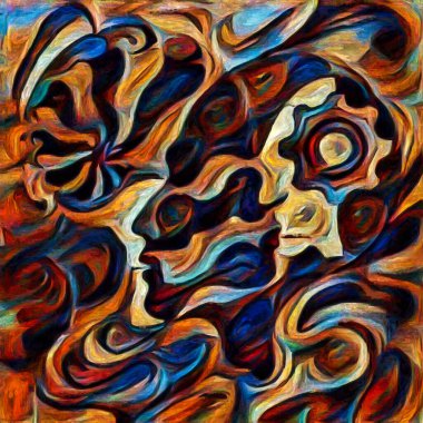 Karışık Kader. Erkek ve kadın yüzleri, insan durumunun şiirselliği üzerine soyut bir şekilde resmedilmiş..