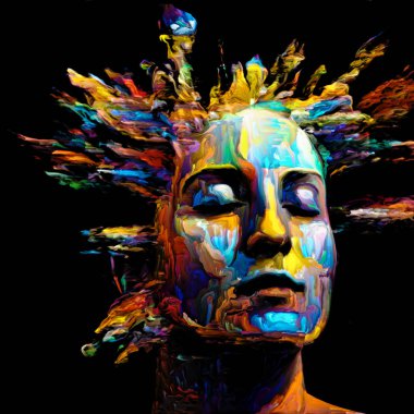 Etkileyici bir kadın portresi. Hayattaki ve sanattaki yaratıcı enerji için dijital boya darbelerinden oluşan soyut tasarım