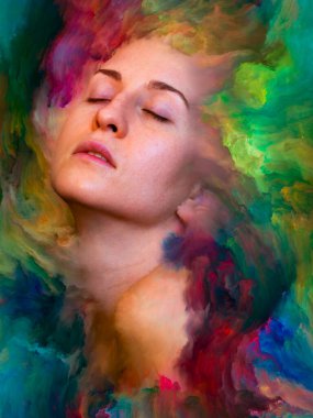 Dünya serisi. Kadın portresinin arka plan tasarımı duygular, duygular, iç dünya, yaratıcılık ve hayal gücü üzerine canlı boyalar ile kaynaştırılmış.