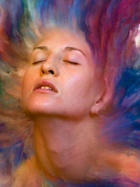 Dünya serisi. Duygular, duygular, iç dünya, yaratıcılık ve hayal gücü üzerine çalışmalar için kadın portresinin canlı boya ile kaynaşmış görsel olarak memnun edici bileşimi