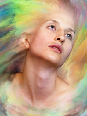 Dünya serisi. Duygular, duygular, iç dünya, yaratıcılık ve hayal gücü üzerine projeler için uygun bir zemin olarak canlı boyayla kaynaştırılmış kadın portresinin bileşimi