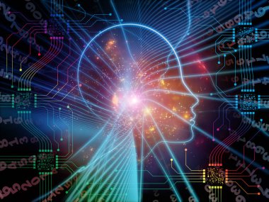 CPU zihin serisi. Sembollerin insan yüzü siluet ve teknoloji bilgisayar bilimi, yapay zeka ve iletişim projeleri için fon olarak uygun aranjman