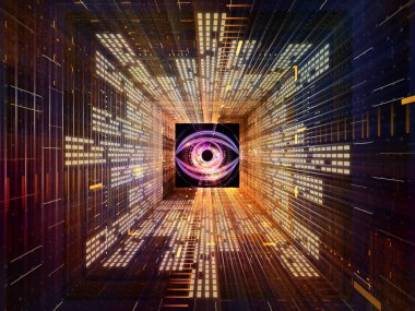 Dizi izliyor. simgesinin göz, hareket yollar ve fraktal desen mecazi ilişki için bilgi teknolojileri, güvenlik, gizlilik, iletişim ile 3D resmi