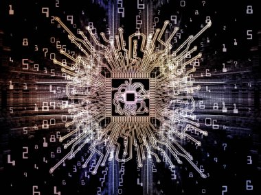 Makine serisi hesaplanıyor. Bilgisayar bilimi, dijital dünya, sanal gerçeklik ve modern teknoloji konularına perspektif olarak Fraktal ortama sahip üç boyutlu CPU çizimi