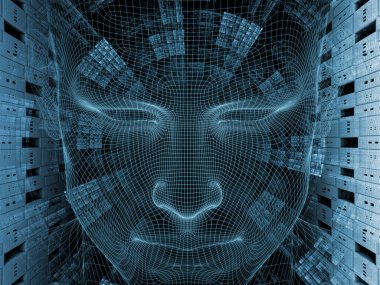 Zihin serisi yayılıyor. insan zihni, yapay zeka ve sanal gerçeklik konusunda insan baş ve fraktal deseninin 3D render