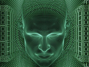 Radyasyon zihin serisi. İnsan zihni, yapay zeka ve sanal gerçeklik üzerine projeler için insan kafası ve fraktal şablonun 3 boyutlu yorumlanması