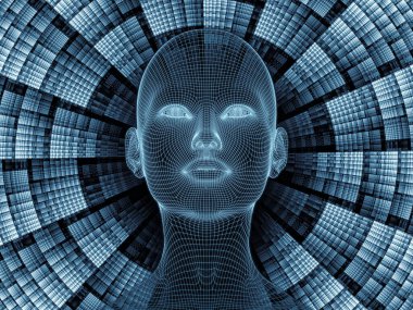 Radyasyon zihin serisi. İnsan zihni, yapay zeka ve sanal gerçeklikle ilgili projelerde zemin görevi görmesi için insan kafasının ve fraktal desenlerin 3 boyutlu kablo örgüsü modelinin oluşturulması